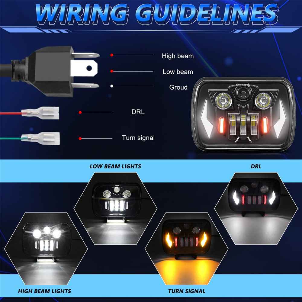 7 Inch LED Headlight Square Headlamp High Low Beam DRL Turn Signal Lamp for Off Road Vehicle