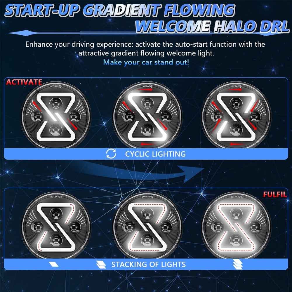 7 Inch LED Headlight Motorcycle Off Road Vehicle 8 Shape Angel Eye High Low Beam DRL Turn Signal Lamp