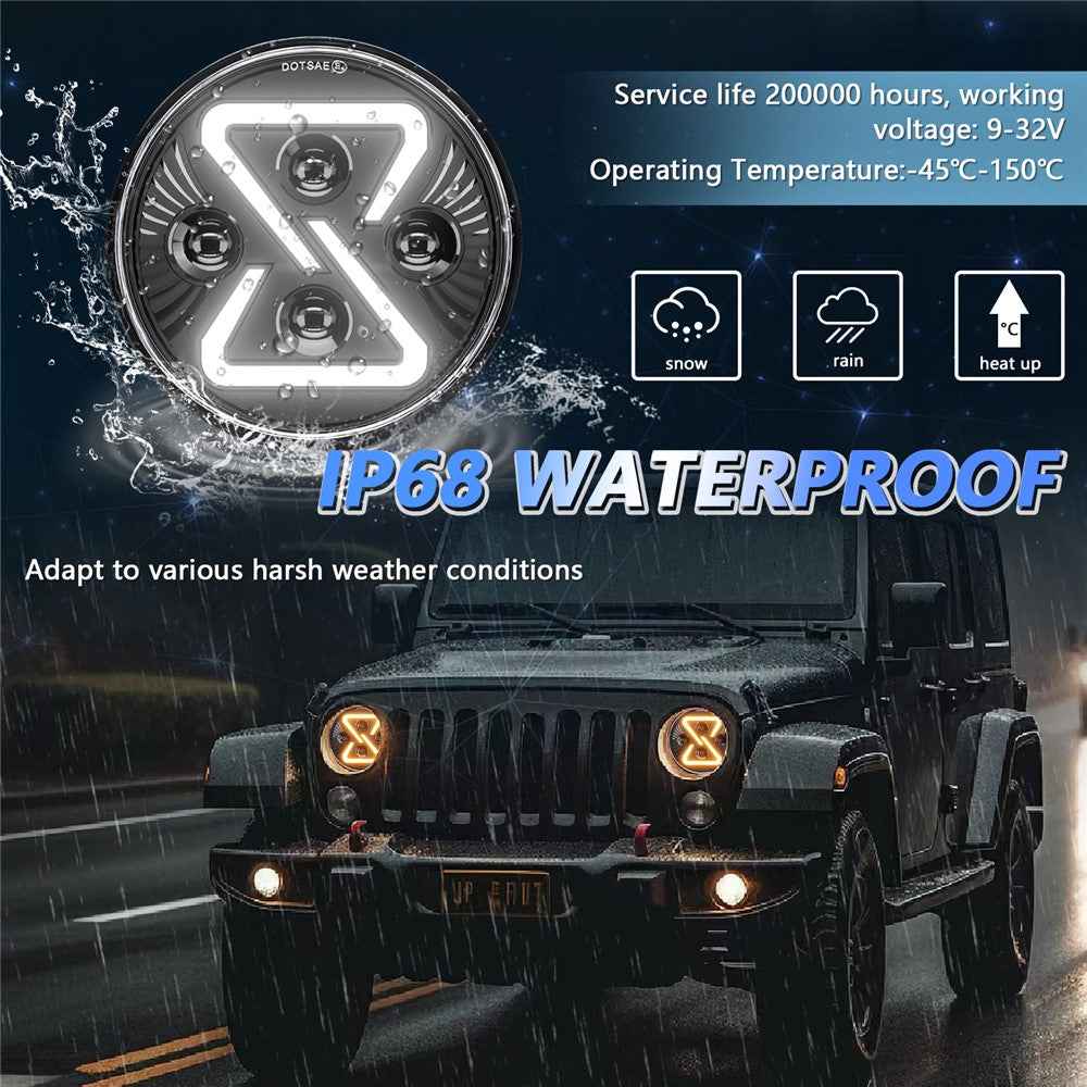 7 Inch LED Headlight Motorcycle Off Road Vehicle 8 Shape Angel Eye High Low Beam DRL Turn Signal Lamp