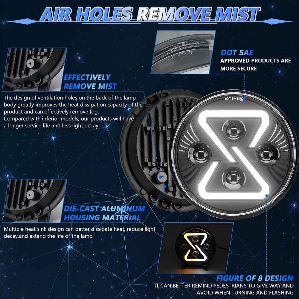 7 Inch LED Headlight Motorcycle Off Road Vehicle 8 Shape Angel Eye High Low Beam DRL Turn Signal Lamp