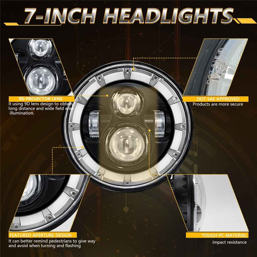 7 Inch Square Angel Eye LED Headlight for Motorcycle Off Road Vehicle DRL Turn Signal High Low Beam Headlamp