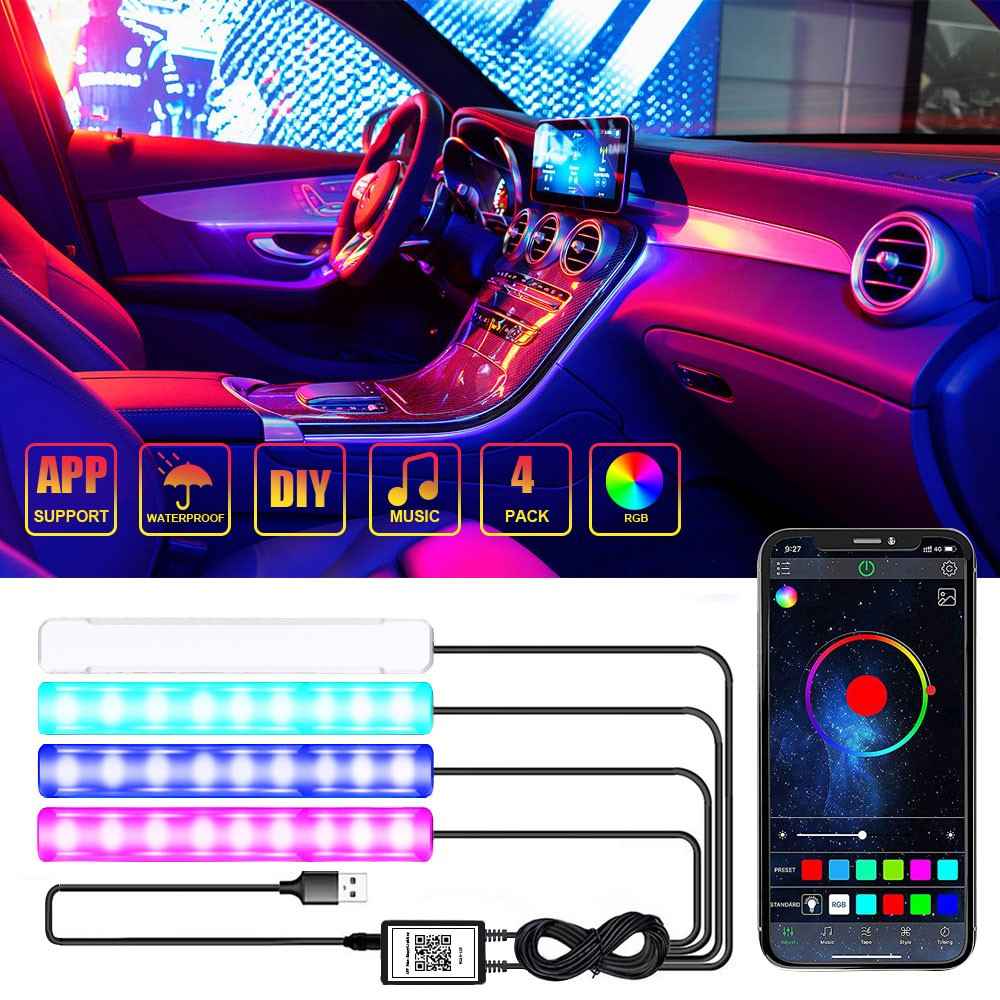 4 In 1 Car Interior Lights App Control Bluetooth-Compatible LED RGB Music Sync Ambient Lighting Kit