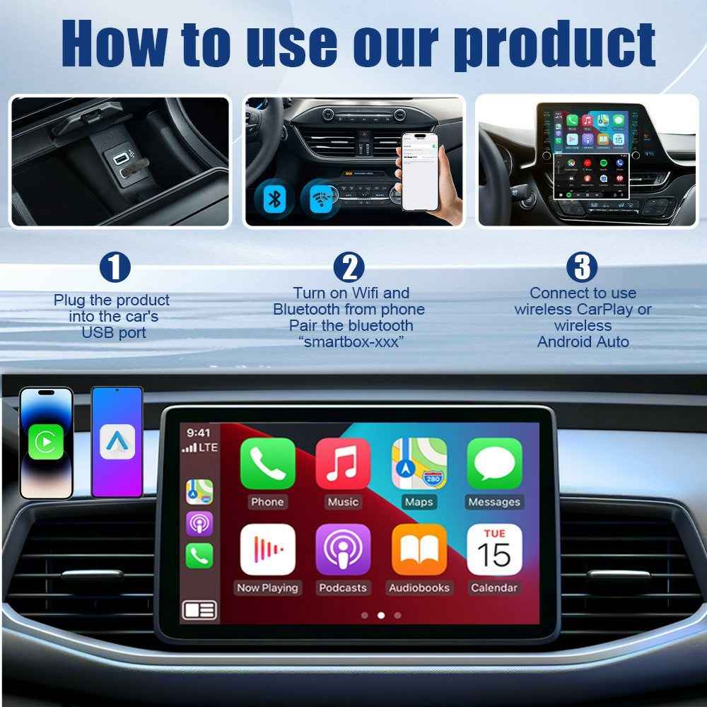 Wireless CarPlay Android Auto 2 in 1 Adapter for Car Navigation USB Dongle - with Type-C Adapter