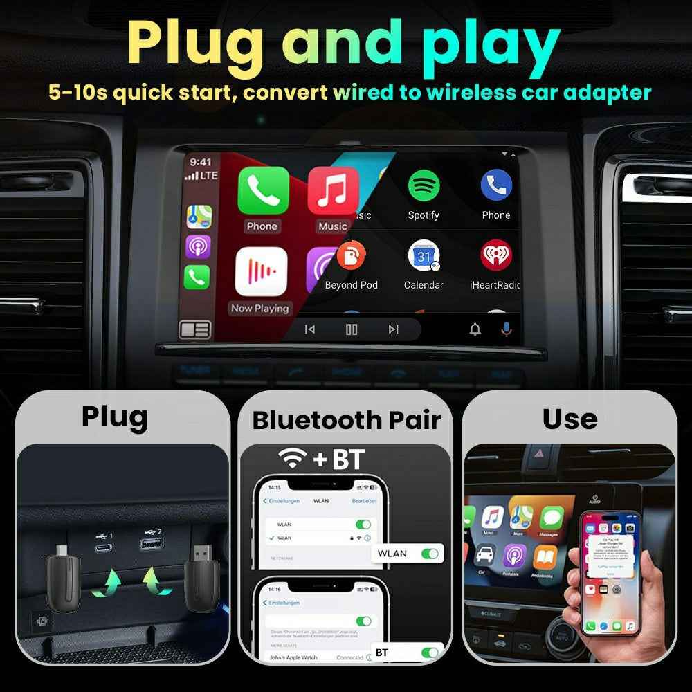 Dual Head 2 in 1 Carplay Android Auto Vehicle Wired to Wireless Adapter