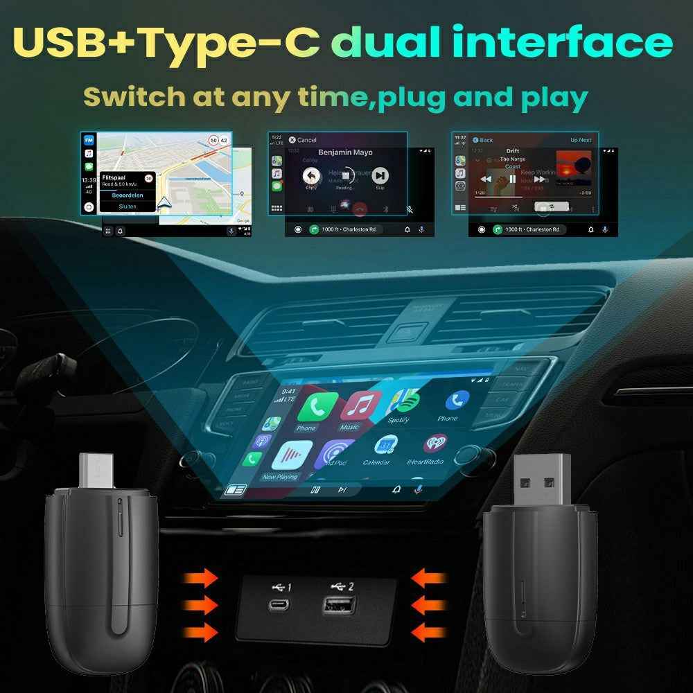 Dual Head 2 in 1 Carplay Android Auto Vehicle Wired to Wireless Adapter