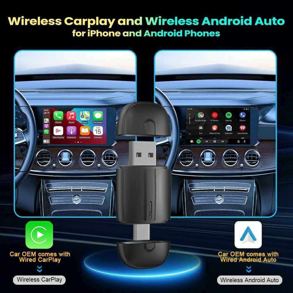 Dual Head 2 in 1 Carplay Android Auto Vehicle Wired to Wireless Adapter