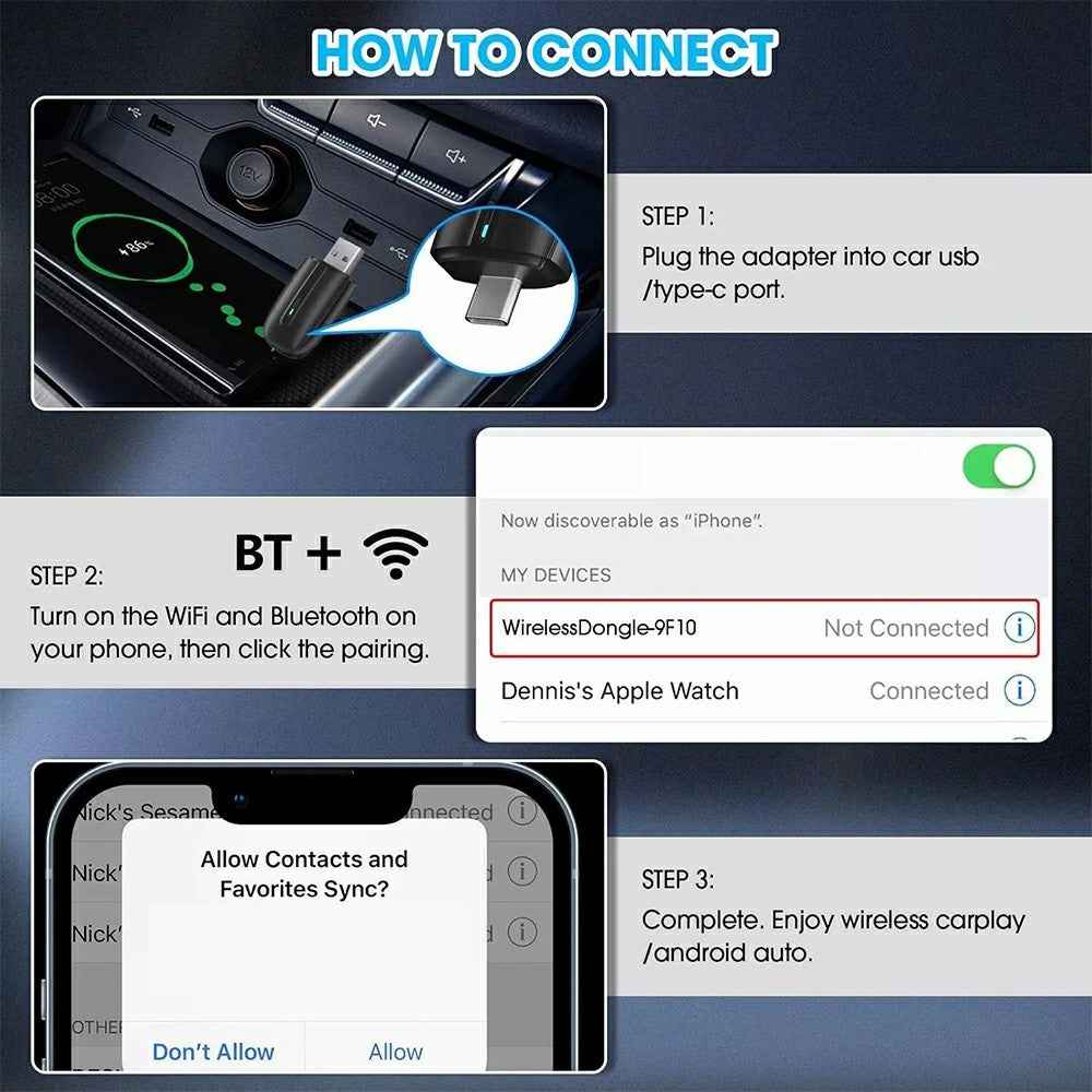 Dual Head 2 in 1 Carplay Android Auto Vehicle Wired to Wireless Adapter