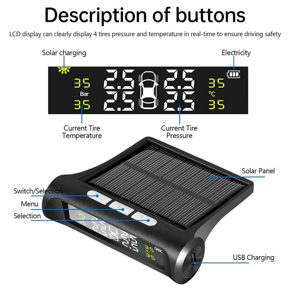 TPMS Tire Pressure Monitor System Solar Powered Wireless Car Tyre Sensor High Low Pressure Alert