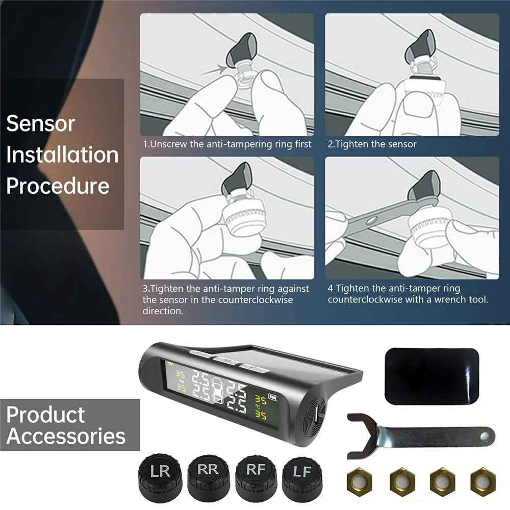TPMS Tire Pressure Monitor System Solar Powered Wireless Car Tyre Sensor High Low Pressure Alert
