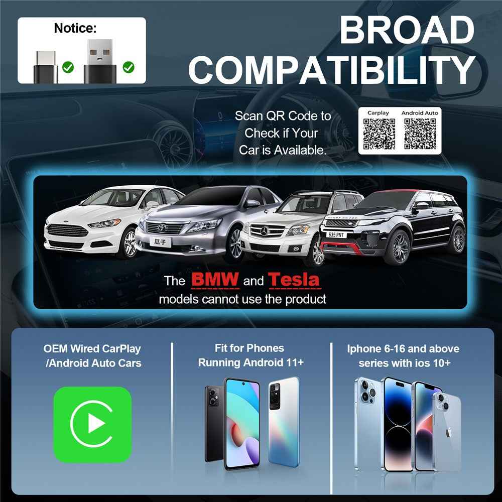 2 in 1 Wireless CarPlay Android Auto Adapter for iPhone Android Phones Built-In CarPlay Android Auto Vehicles