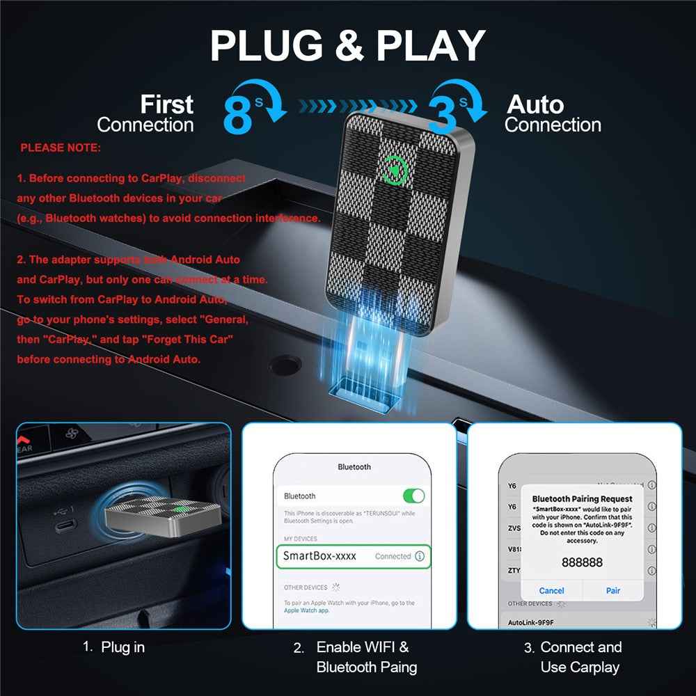2 in 1 Wireless CarPlay Android Auto Adapter for iPhone Android Phones Built-In CarPlay Android Auto Vehicles