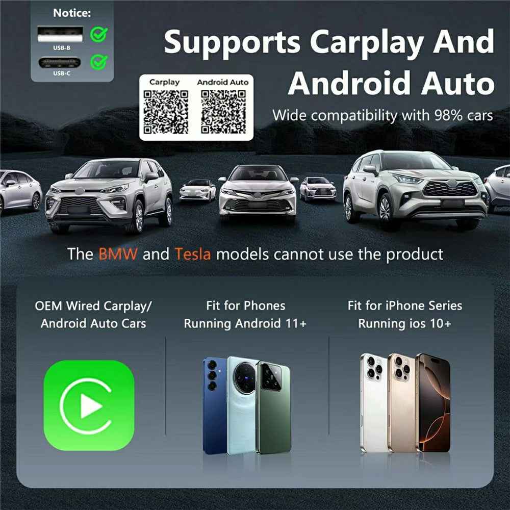 Mini 2 in 1 Wireless CarPlay Android Auto Adapter for Built-in CarPlay / Android Auto Vehicles - Gold