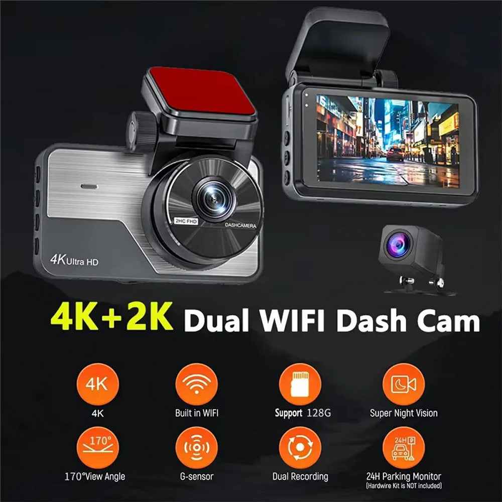 Car Dash Cam 4K Front 2K Rear Dual Recording Night Vision 3 Inch IPS Screen WIFI Vehicle Parking Monitor