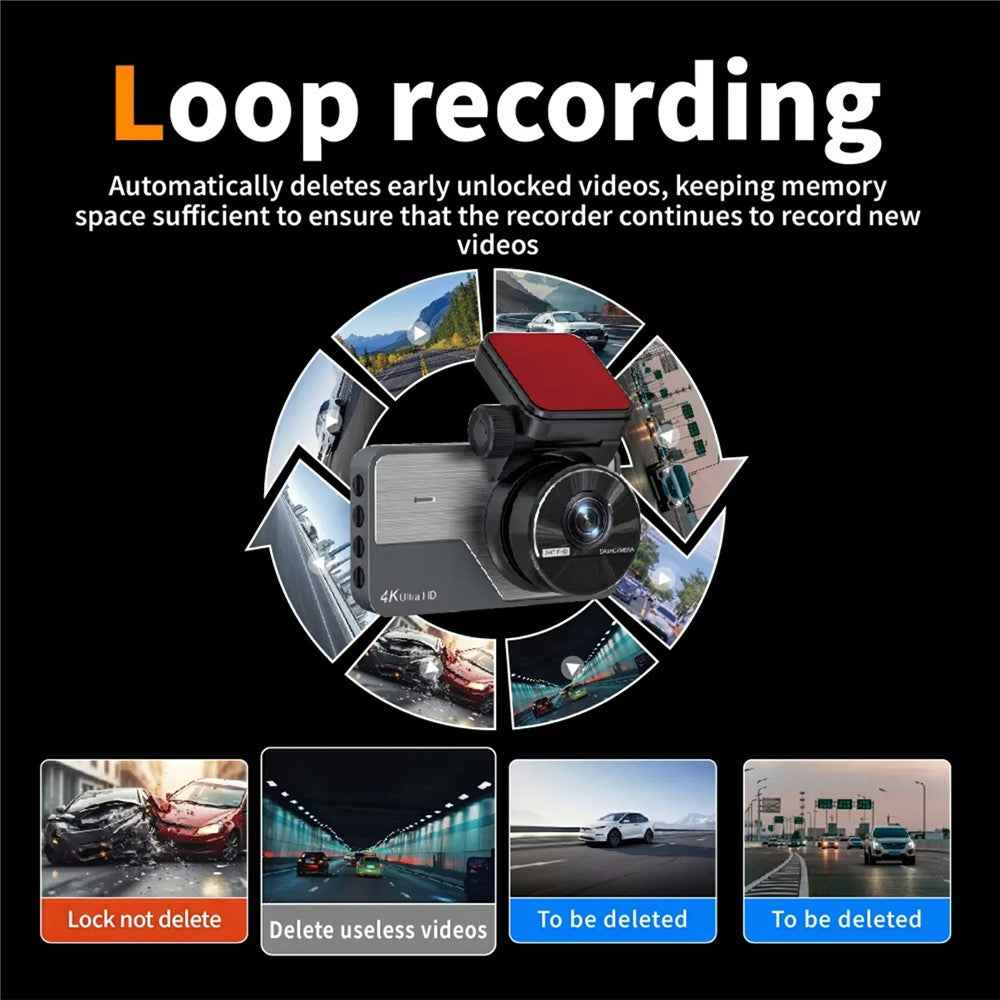 Car Dash Cam 4K Front 2K Rear Dual Recording Night Vision 3 Inch IPS Screen WIFI Vehicle Parking Monitor