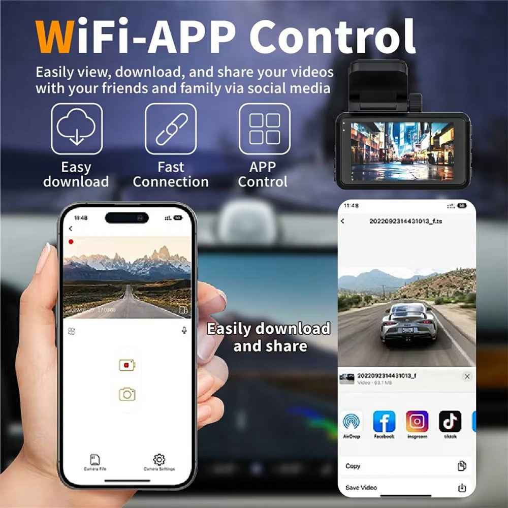 Car Dash Cam 4K Front 2K Rear Dual Recording Night Vision 3 Inch IPS Screen WIFI Vehicle Parking Monitor