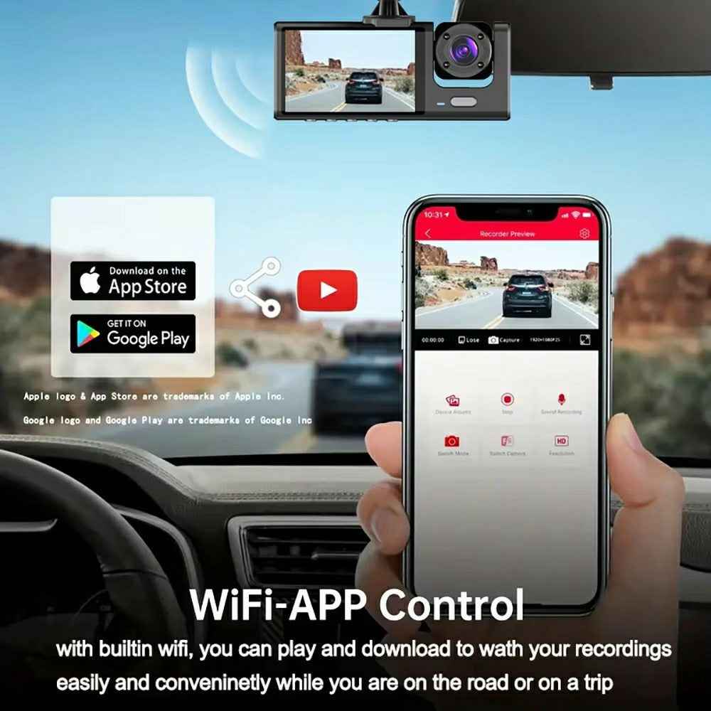 WIFI Car Dash Cam HD 1080P Front / Inside / Rear 3 Lens Car DVR Parking Recorder