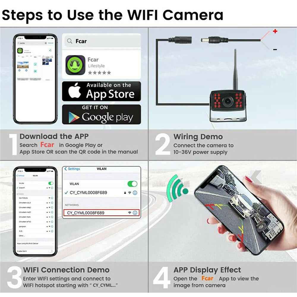 W105 For Vehicle Wireless Backup Camera 18 LED Night Vision HD 1080P IP67 Waterproof Wide Angle WiFi Cam