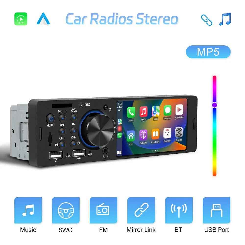 F7805C Wired CarPlay 4.1 Inch Touch Screen MP5 Car Radio Bluetooth-Compatible SD AUX USB 7 Color Lights Multimedia Player
