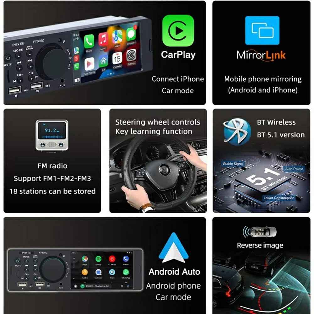 F7805C Wired CarPlay 4.1 Inch Touch Screen MP5 Car Radio Bluetooth-Compatible SD AUX USB 7 Color Lights Multimedia Player