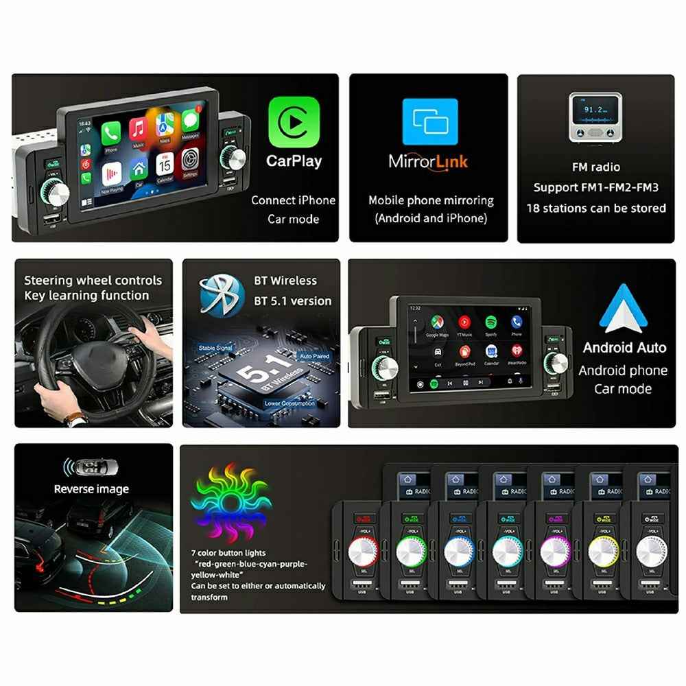 SW-151C Wired CarPlay 5 Inch Touch Screen MP5 Car Radio Bluetooth-Compatible Multimedia Player