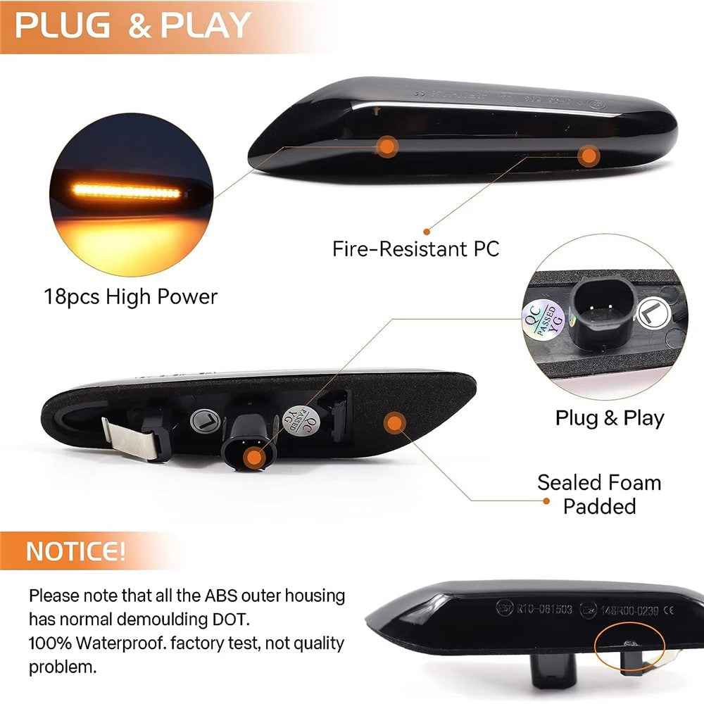 1 Pair Dynamic LED Side Marker Turn Signal Lights for E90 E60 E88 X1 X3 Sequential Flowing Lamp