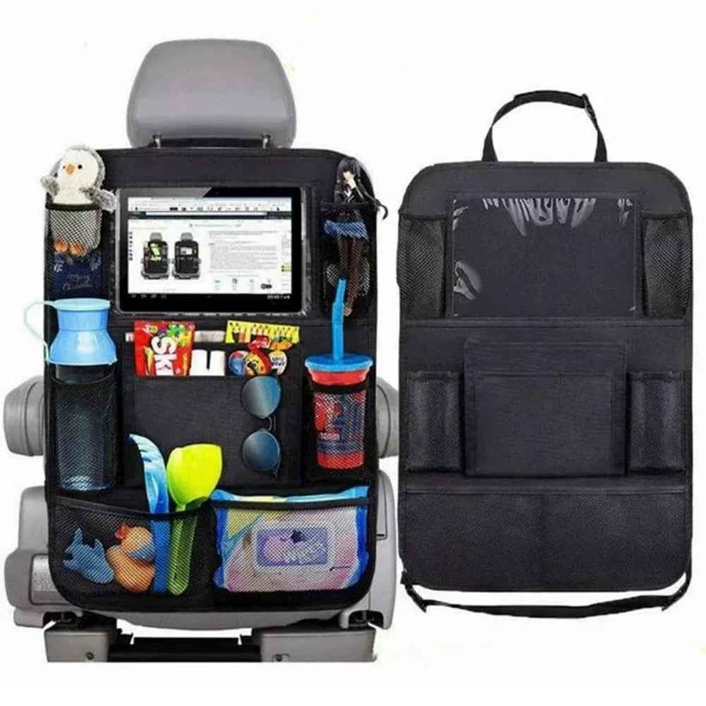 600D Oxford Fabric Car Seat Back Organizer with Tablet Holder Multi Pocket Storage Bag Kick Mat - Grey