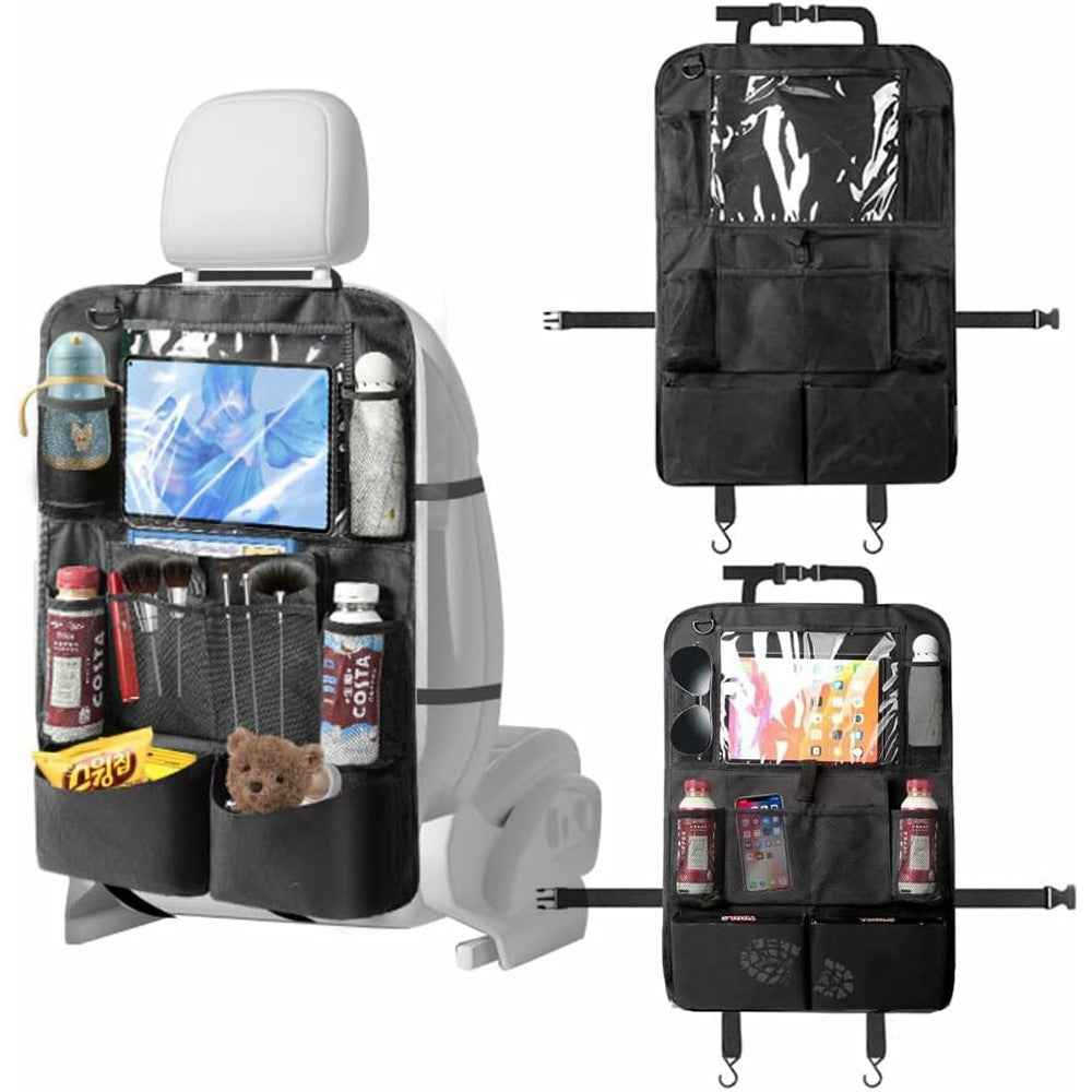 600D Oxford Fabric Car Seat Back Organizer with Tablet Holder Multi Pocket Storage Bag Kick Mat - Grey