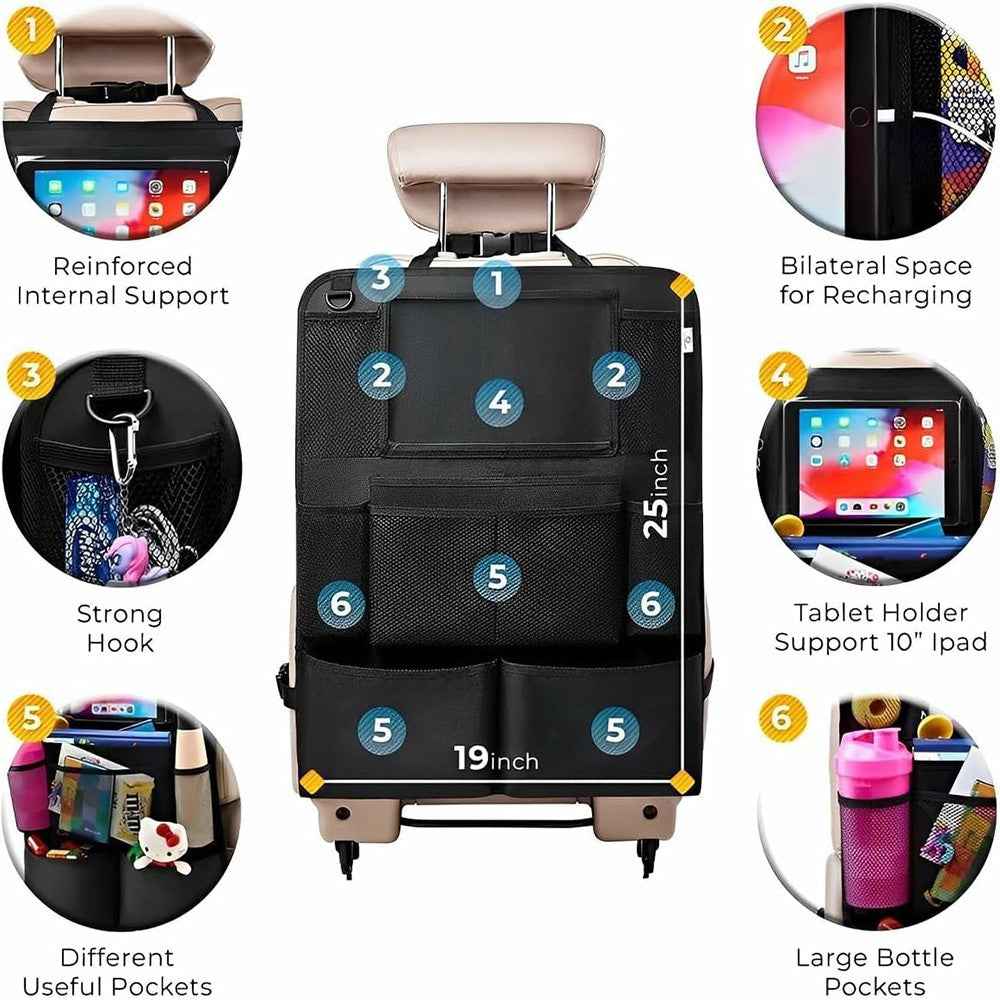 600D Oxford Fabric Car Seat Back Organizer with Tablet Holder Multi Pocket Storage Bag Kick Mat - Grey