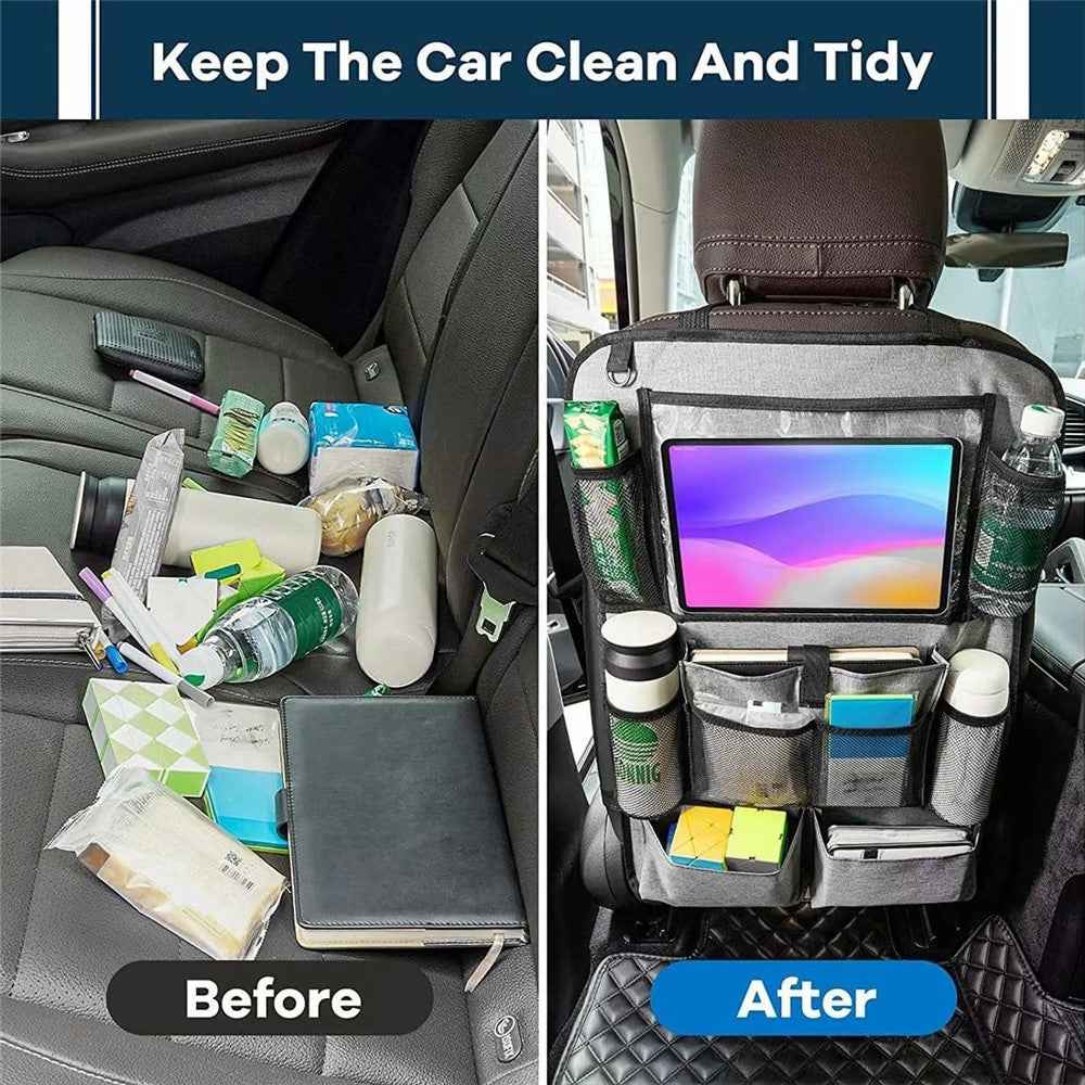600D Oxford Fabric Car Seat Back Organizer with Tablet Holder Multi Pocket Storage Bag Kick Mat - Grey