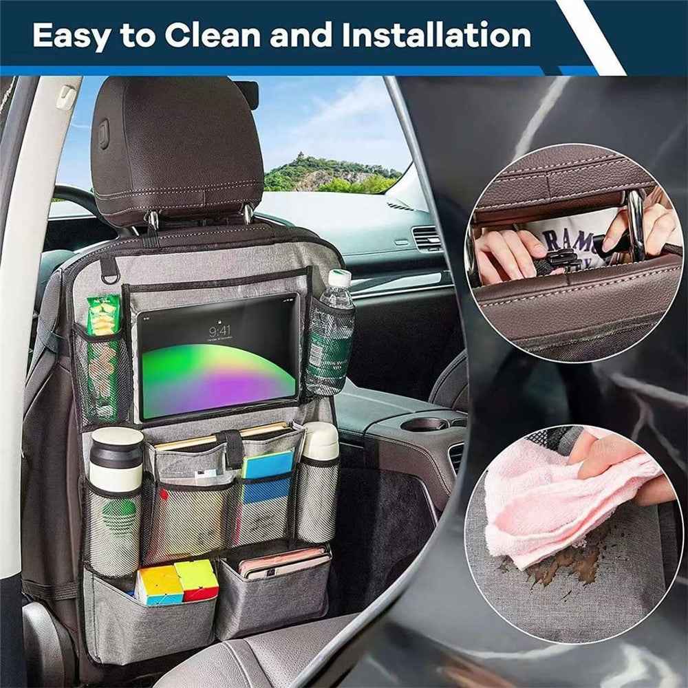 600D Oxford Fabric Car Seat Back Organizer with Tablet Holder Multi Pocket Storage Bag Kick Mat - Grey