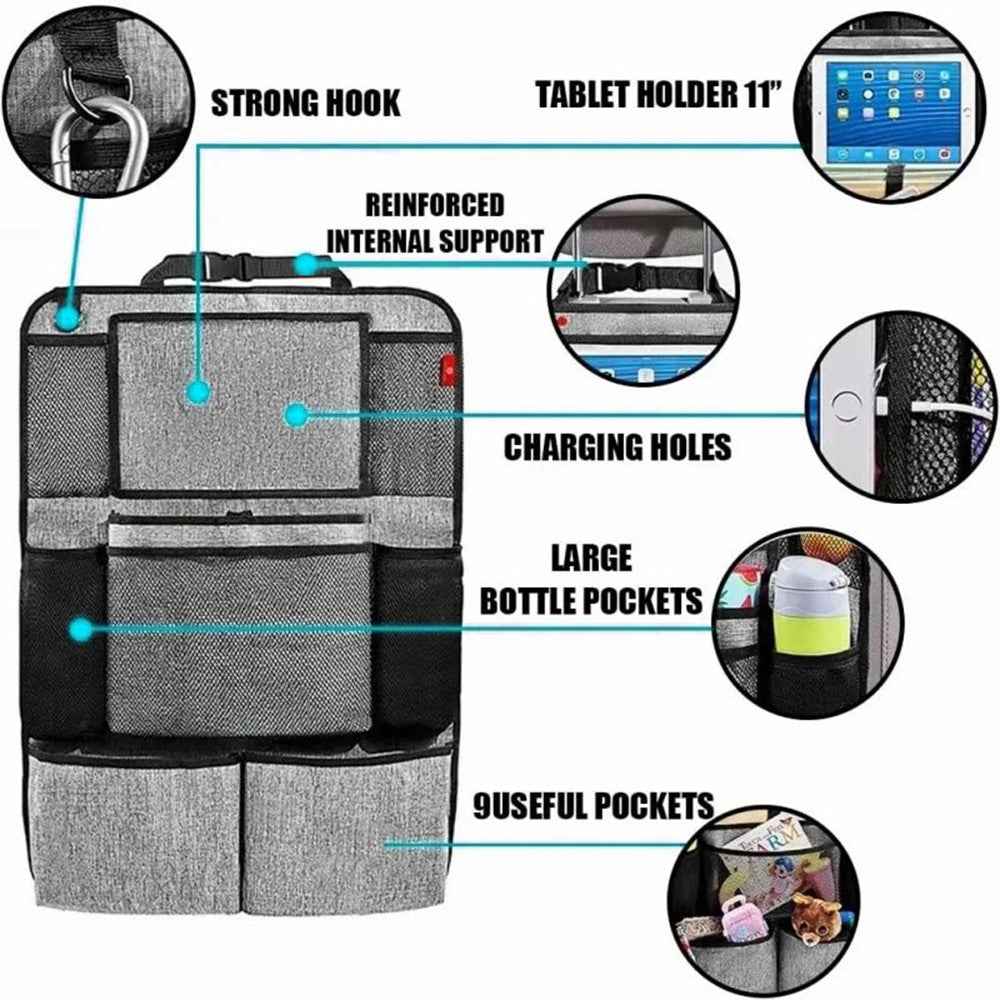 600D Oxford Fabric Car Seat Back Organizer with Tablet Holder Multi Pocket Storage Bag Kick Mat - Grey