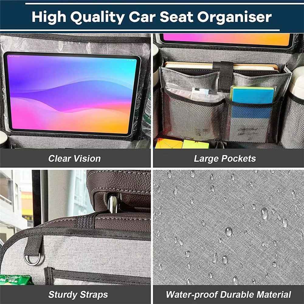 600D Oxford Fabric Car Seat Back Organizer with Tablet Holder Multi Pocket Storage Bag Kick Mat - Grey