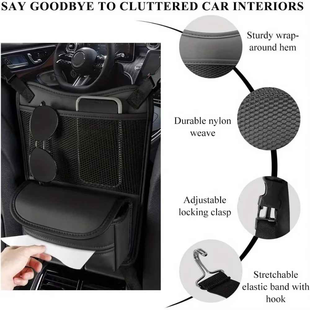 Universal Car Seat Back Organizer PU Leather Storage Bag Center Hanger Between Seats - Black