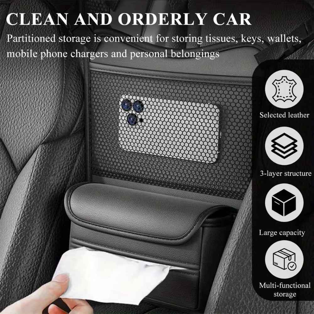 Universal Car Seat Back Organizer PU Leather Storage Bag Center Hanger Between Seats - Black