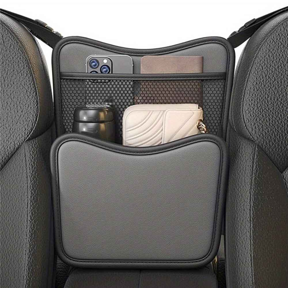 Universal Car Seat Back Organizer PU Leather Storage Bag Center Hanger Between Seats - Grey