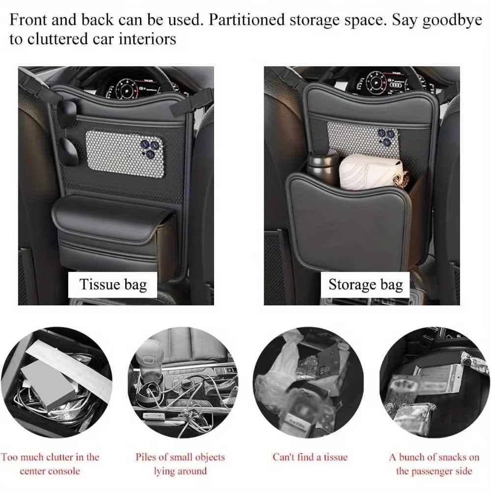 Universal Car Seat Back Organizer PU Leather Storage Bag Center Hanger Between Seats - Grey