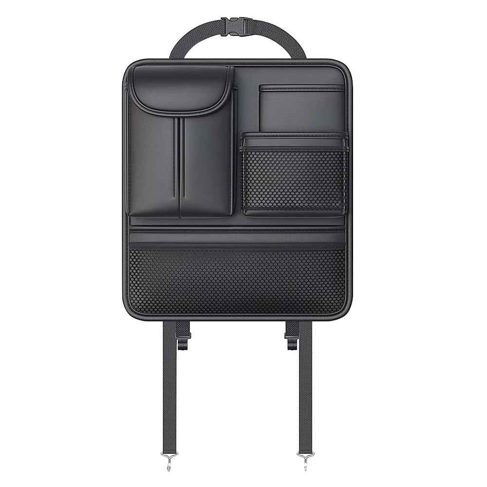 Car Seat Back Organizer Waterproof PU Leather Tissue Holder Multi-Pocket Storage Bag Kick Mat - Black