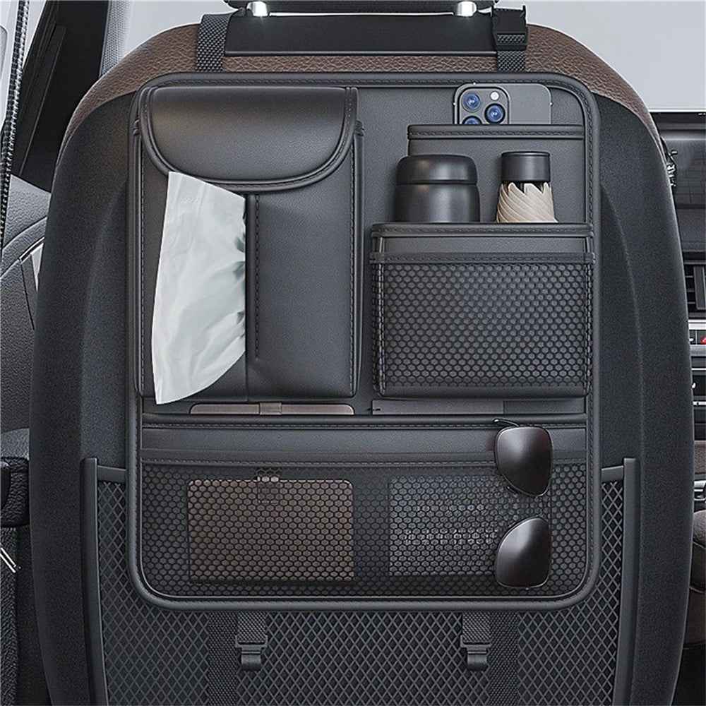 Car Seat Back Organizer Waterproof PU Leather Tissue Holder Multi-Pocket Storage Bag Kick Mat - Black