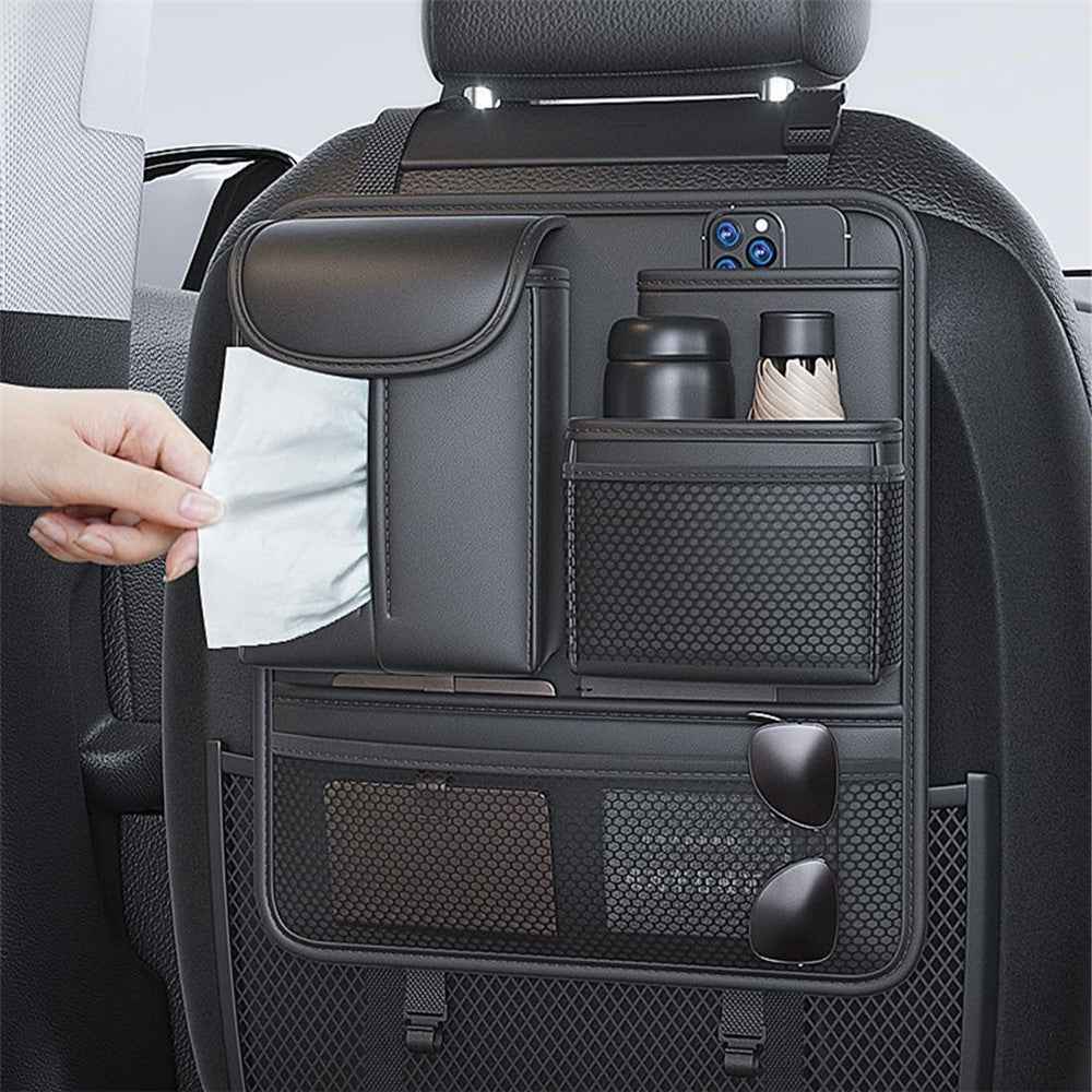 Car Seat Back Organizer Waterproof PU Leather Tissue Holder Multi-Pocket Storage Bag Kick Mat - Black