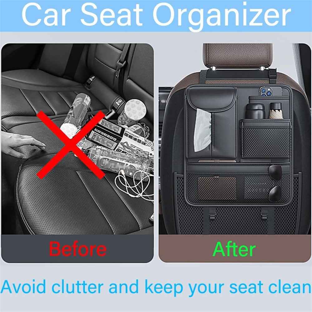 Car Seat Back Organizer Waterproof PU Leather Tissue Holder Multi-Pocket Storage Bag Kick Mat - Black