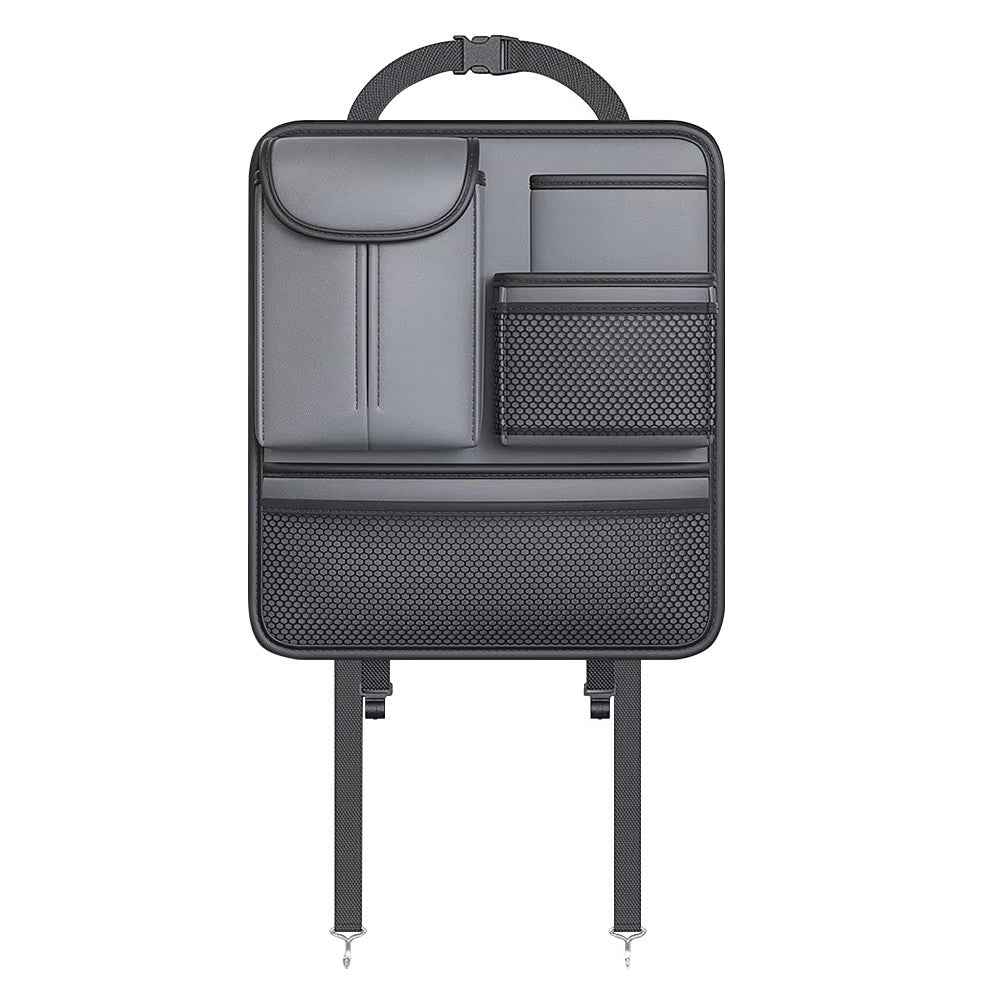 Car Seat Back Organizer Waterproof PU Leather Tissue Holder Multi-Pocket Storage Bag Kick Mat - Grey