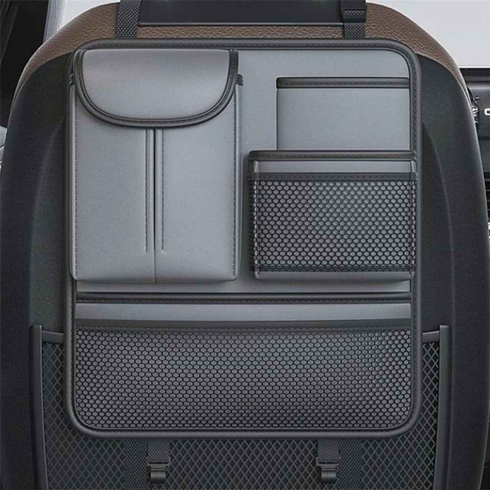 Car Seat Back Organizer Waterproof PU Leather Tissue Holder Multi-Pocket Storage Bag Kick Mat - Grey