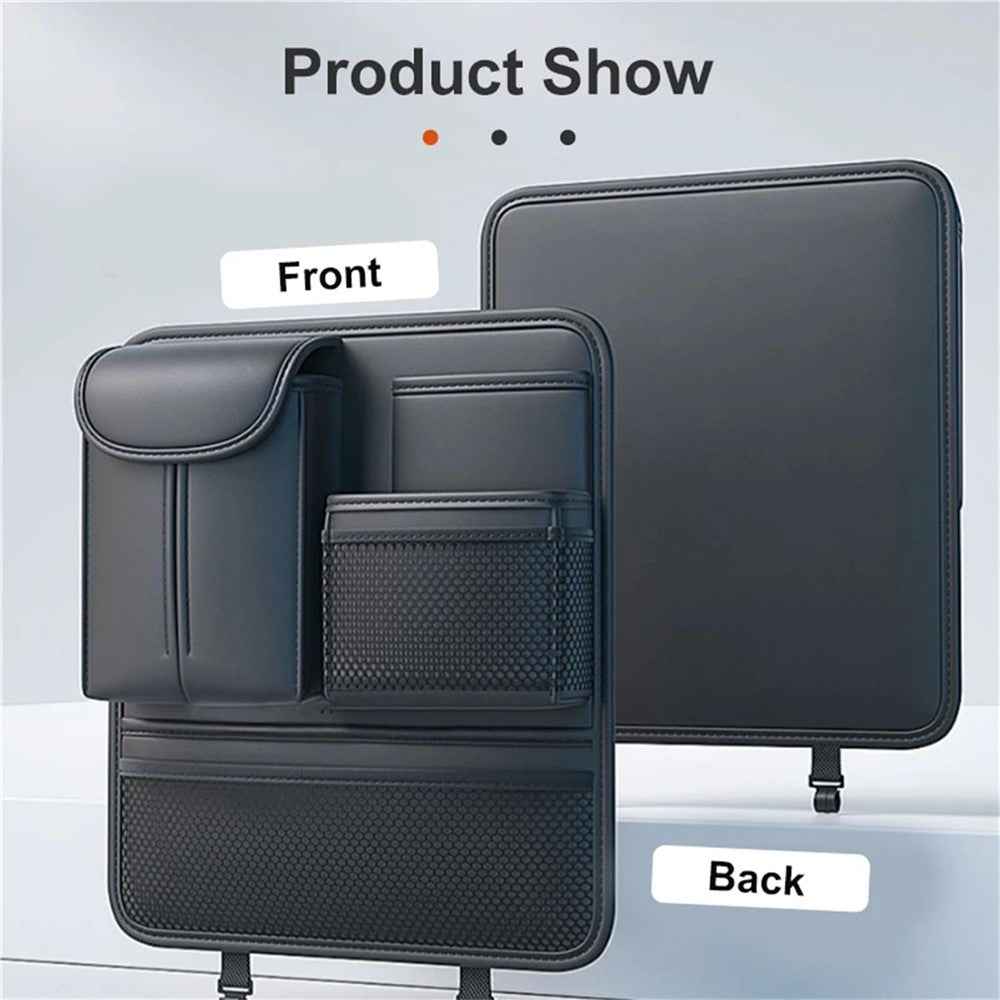 Car Seat Back Organizer Waterproof PU Leather Tissue Holder Multi-Pocket Storage Bag Kick Mat - Grey