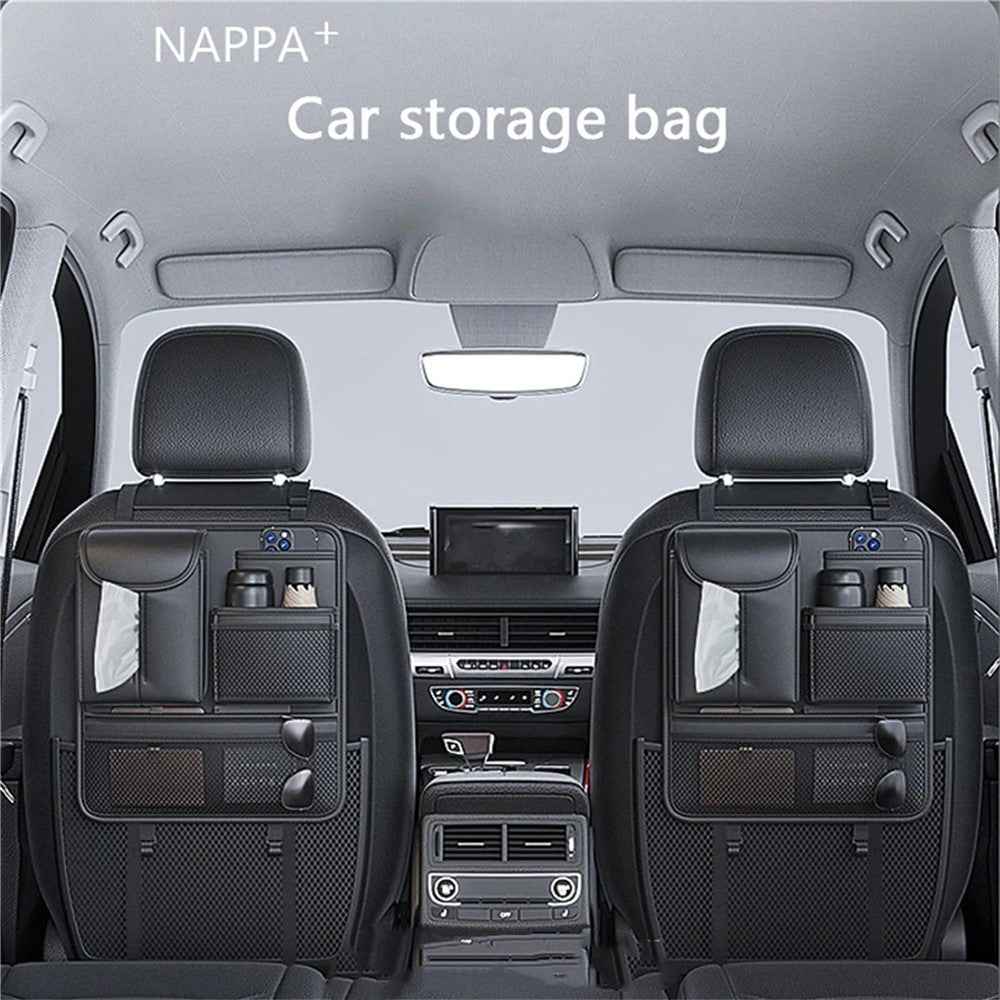 Car Seat Back Organizer Waterproof PU Leather Tissue Holder Multi-Pocket Storage Bag Kick Mat - Grey