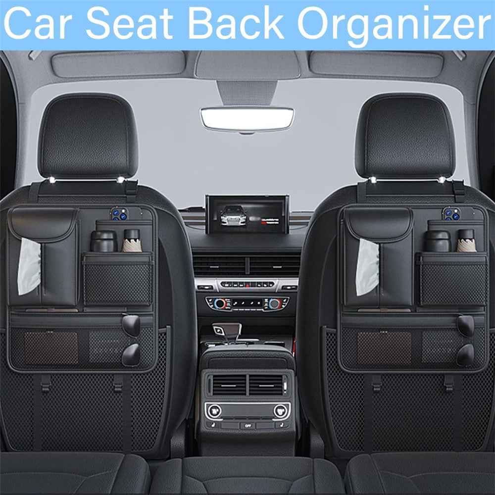 Car Seat Back Organizer Waterproof PU Leather Tissue Holder Multi-Pocket Storage Bag Kick Mat - Grey