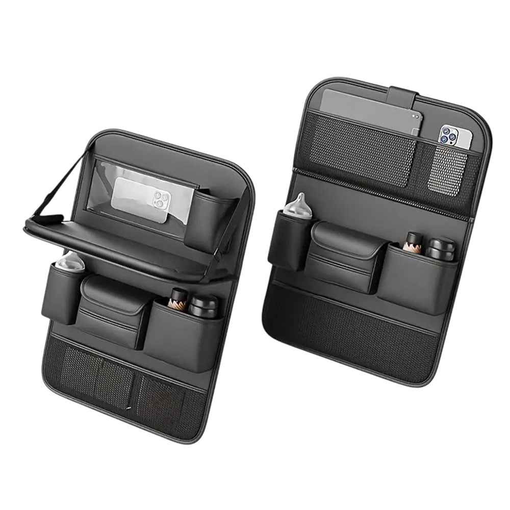 Nappa Texture PU Leather Car Backseat Storage Bag Multi Pocket Seat Organizer with Folding Tray - Black