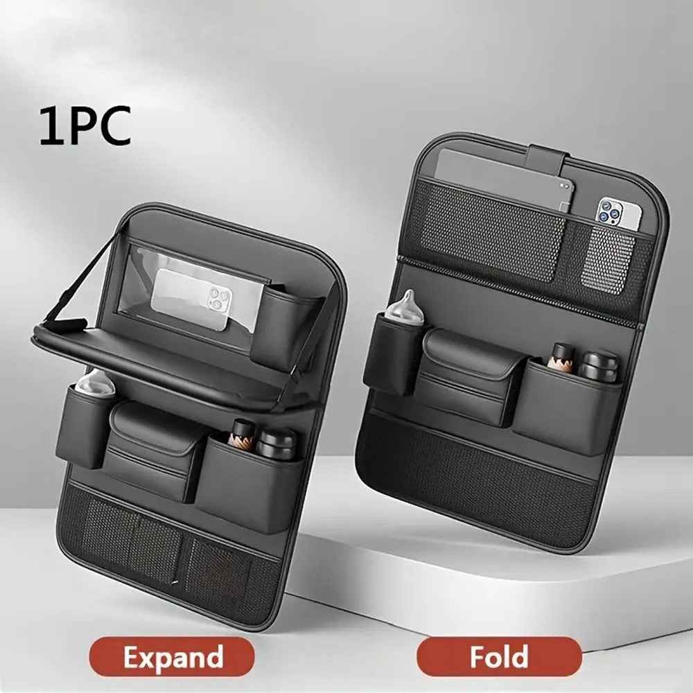 Nappa Texture PU Leather Car Backseat Storage Bag Multi Pocket Seat Organizer with Folding Tray - Black