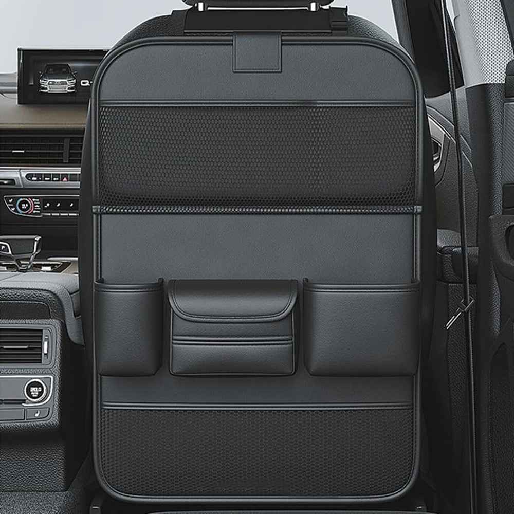 Nappa Texture PU Leather Car Backseat Storage Bag Multi Pocket Seat Organizer with Folding Tray - Black