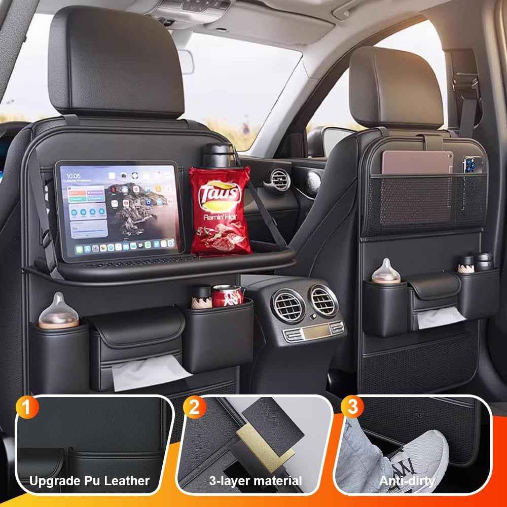 Nappa Texture PU Leather Car Backseat Storage Bag Multi Pocket Seat Organizer with Folding Tray - Black