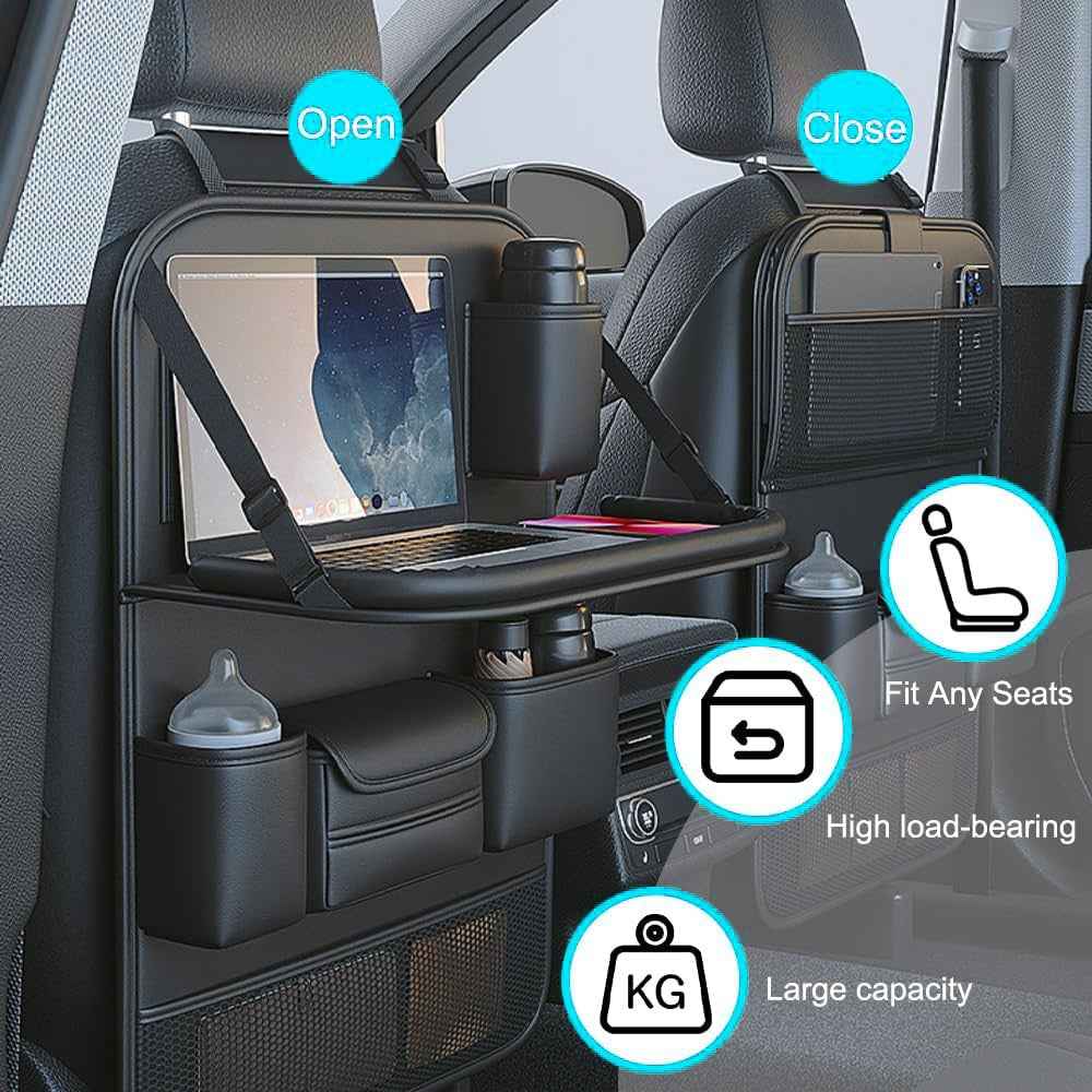 Nappa Texture PU Leather Car Backseat Storage Bag Multi Pocket Seat Organizer with Folding Tray - Black